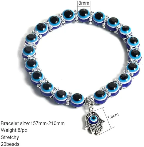 Vista 4 de SUMMER LOVE Pulsera elástica de ojo turco Hamsa con cuentas azules y cuentas para protección y bendición de mano de Fátima