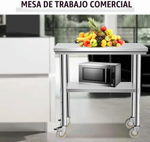 Vista 6 de Mesa de acero inoxidable para preparación de 30 x 12 pulgadas, mesa de trabajo resistente con 4 ruedas para cocina comercial, restaurante, hogar