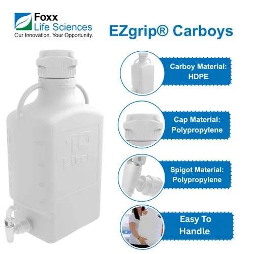 Vista 3 de Foxx Life Sciences 152-2211-OEM EZgrip HDPE Space Saving Carboy with Leakproof Spigot, 83mm VersaCap, 10L Capacity