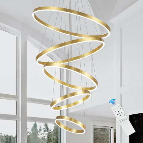 Vista 14 de Candelabro LED Moderno de Techo Alto 5 Anillos Dorados Candelabros Vestíbulo Regulable Accesorio de Luz Colgante de Techo Contemporáneo Candelabro