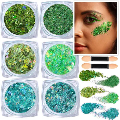 Vista 15 de Teenitor Purpurina para Cara y Cuerpo - Azul, Gel de Purpurina para Cabello, 6 Formas Purpurina de Maquillaje Festival para Cara, Cabello y Cuerpo