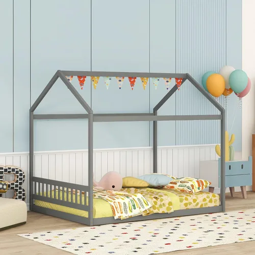 Vista 4 de Harper & Bright Designs Marco de cama de casa tamaño Queen, marco de cama Montessori de madera con cabecero, cama de piso para niños para niñas Gris