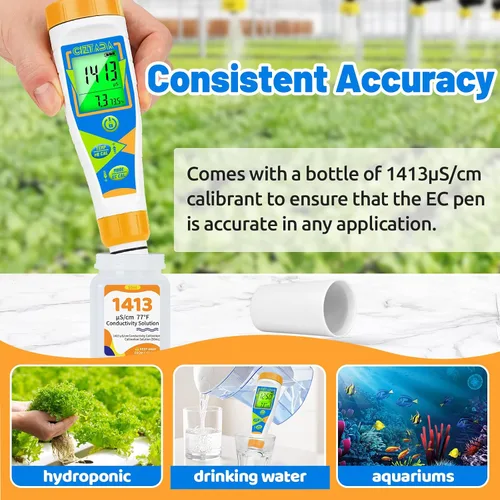 Vista 6 de Probador digital de pH para agua pH EC PPM medidor para nutrientes hidropónicos con solución de calibración 1413μs/cm pH conductividad TDS Medidor