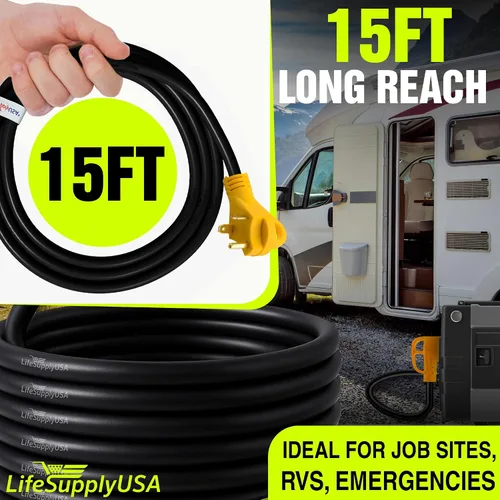 Vista 4 de Cable de extensión RV de 15 pies de 30 amperios (TT-30P/L5-30R) con conector de bloqueo giratorio y mango de fácil agarre, 10/3 AWG 125 voltios