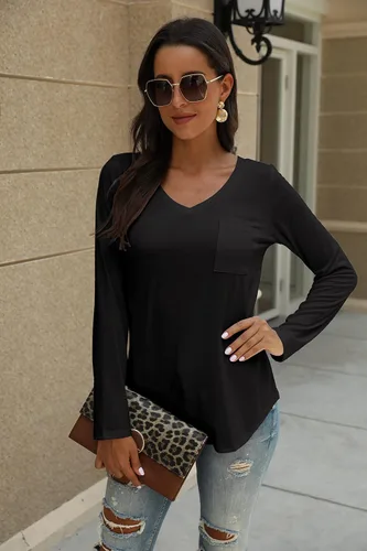 Vista 3 de Tobrief - Camiseta de manga larga con cuello en V para mujer, corte holgado, estilo informal, con bolsillo