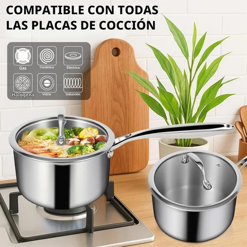Vista 3 de EWFEN Juego de sartenes de acero inoxidable de 3 capas con tapas, olla multiusos de 1 y 2 cuartos de galón, mango que se mantiene fresco, horno