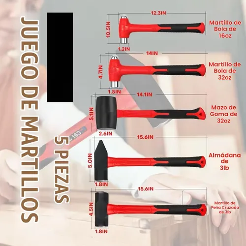 Vista 4 de C&T Juego de Martillos de 5 Piezas, Martillo de Bola de 16oz Martillo de Bola de 32oz Mazo de Goma de 32oz Martillo de Trineo de 3lb