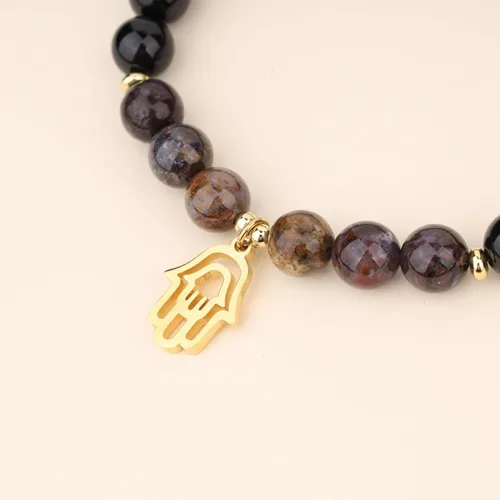 Vista 5 de COAI Pulsera Hamsa de piedra turmalina negra con dije de mano