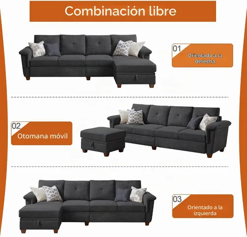 Vista 7 de Sofás seccionales de 4 asientos para sala de estar, dormitorio, oficina, sofá modular convertible en forma de L con otomana y portavasos, gris oscuro
