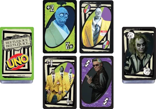 Vista 4 de Mattel Games UNO Beetlejuice Beetlejuice Juego de Cartas para Niños, Adultos y Familia con Baraja y Regla Especial Inspirada en la Película