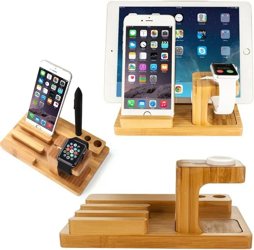 Vista 2 de Estación de carga de escritorio multidispositivo de madera de bambú Soporte de carga para iPhone 16 15 14 13 12 11 Pro Max iWatch 2 3 4 5 compatible