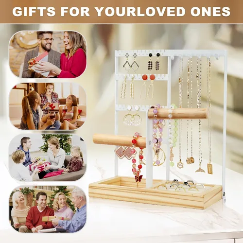 Vista 5 de Espistmo Organizador de joyas, organizador de joyas de 4 niveles, organizador de aretes con 48 agujeros, 6 ganchos para collares, pulseras y soporte