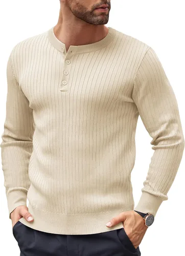 Vista 36 de COOFANDY Suéter de punto Henley para hombre, manga larga, con botones, ligero, para otoño, ajustado, acanalado