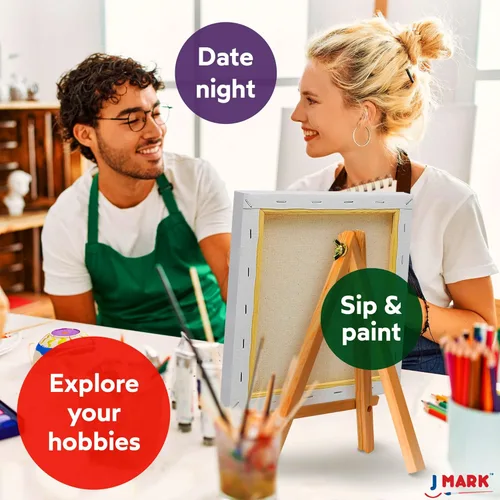 Vista 4 de J MARK Juego de pintura y lienzo: kit de pintura acrílica con caballete de madera, lienzo, pintura acrílica, pinceles y paleta, juego de pintura