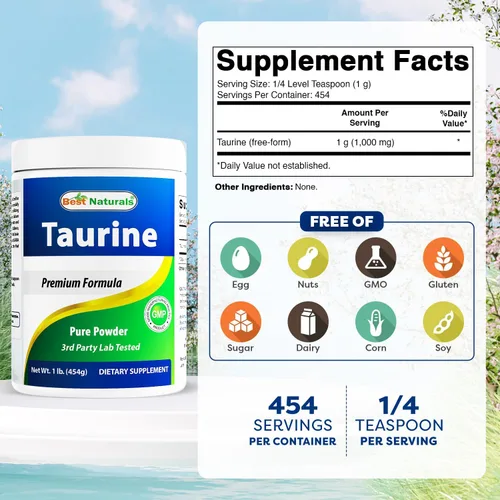 Vista 2 de Best Naturals Forma libre de polvo de taurina 100% pura, taurina, 1000 mg por porción, 1 libra (454 gm) (1 libra (paquete de 3))