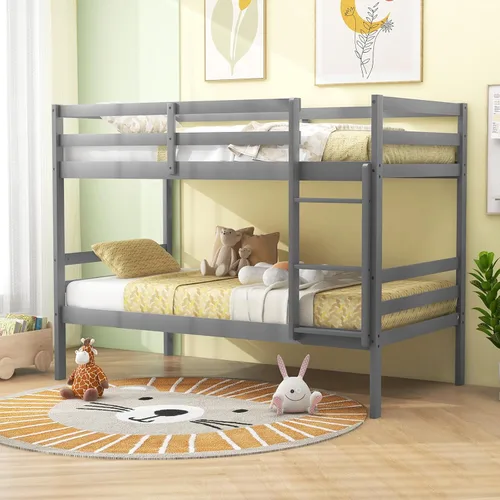Vista 10 de Litera individual sobre individual, marco de cama de madera que ahorra espacio con almacenamiento debajo de la cama, escalera y barandilla Espresso