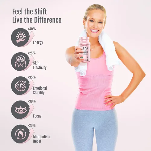 Vista 5 de Suplemento exclusivo NAD+ para mujeres, alternativa NMN con resveratrol, CoQ10, Cohosh negro, vitamina E para la salud celular, mejora la energía