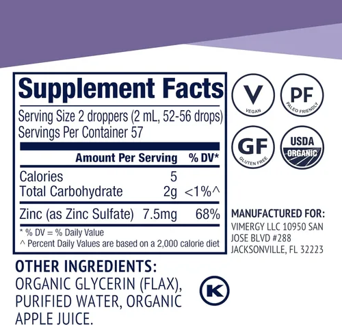 Vista 5 de VIMERGY Suplementos orgánicos de zinc USDA para mujeres y hombres (7.5 mg de zinc líquido por porción), apoyo inmunológico de absorción rápida