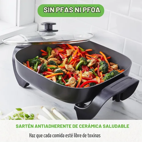 Vista 2 de GreenLife - Sartén eléctrica cuadrada de 12" 5QT, tapa de vidrio con ventilación, interior antiadherente de cerámica libre de PFAS, control
