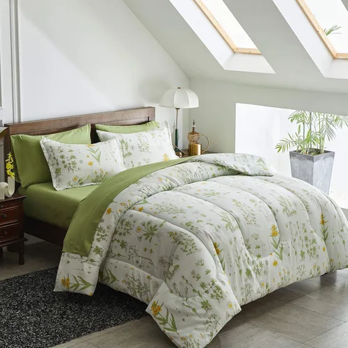 Vista 2 de Joyreap - Juego de ropa de cama tamaño individual completo en una bolsa, 6 piezas, diseño botánico de flores amarillas y hojas verdes, juego