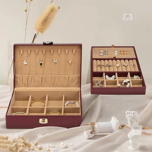 Vista 2 de Vlando Joyero para mujeres y niñas organizador de joyas grande de 2 capas soporte de joyería de piel sintética con bandeja extraíble para collares