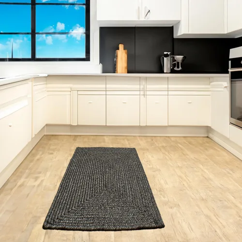 Vista 10 de Alfombra trenzada para interiores y exteriores, para cocina/sala de estar, reversible, lavable, color gris y negro, 4 x 6 pies, ovalada