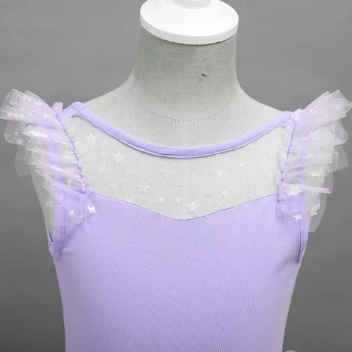 Vista 3 de IDOPIP Leotardo con falda tutú de estrellas con purpurina para niñas, manga con volantes, vestido de ballet para bailarina, traje de gimnasia