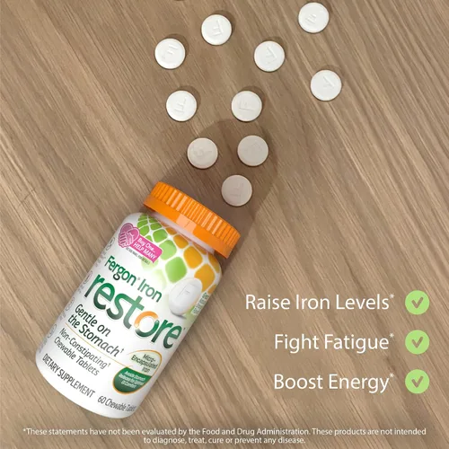 Vista 7 de Fergon Iron Restore - Tabletas masticables suaves para el estómago, sin estreñimiento, hierro de 27 mg para apoyo energético, 60 tabletas