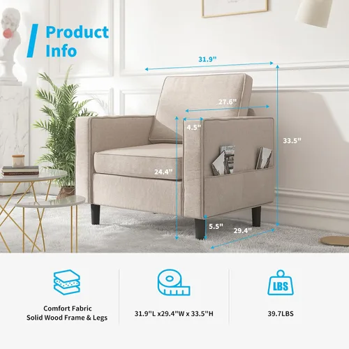 Vista 2 de Mjkone Sillón, silla decorativa con bolsillos de almacenamiento, moderna silla individual para sala de estar, apartamento, espacios pequeños Beige