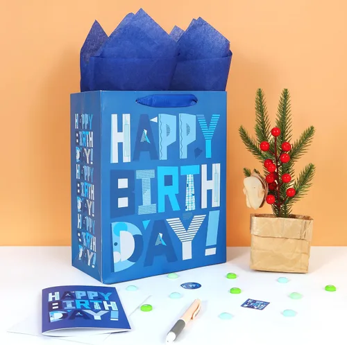 Vista 5 de Paquete de 2 bolsas de regalo azules medianas de 10.6 pulgadas con tarjeta de felicitación y papeles de seda (feliz cumpleaños azul) para fiestas