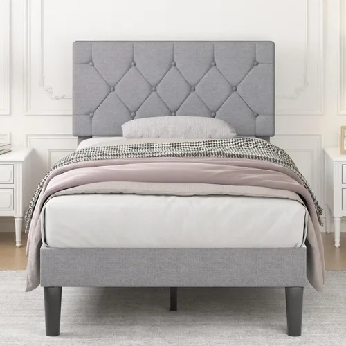 Vista 11 de VECELO Base de cama tamaño completo con cabecera capitoné con botones, plataforma tapizada con soporte de listones de madera, no necesita somier