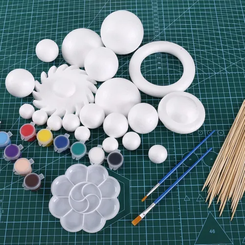Vista 5 de FFchuanhe Kit de 72 bolas de espuma modelo de sistema solar, incluye palos de bambú de espuma para manualidades, pigmentos de color, bandeja