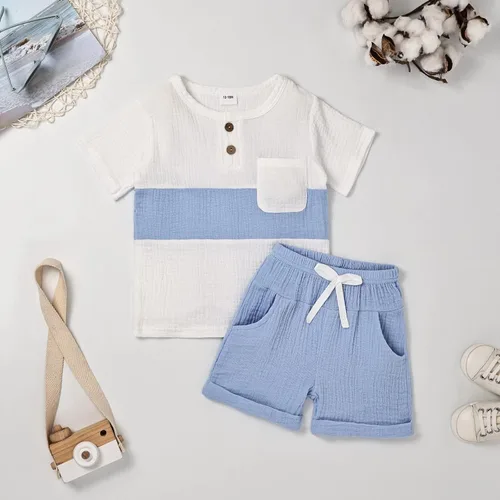 Vista 2 de Ropa para bebé niño y niño, pantalones cortos de verano, conjunto de camiseta de retazos con bolsillo, pantalones cortos de 12 meses a 4 años