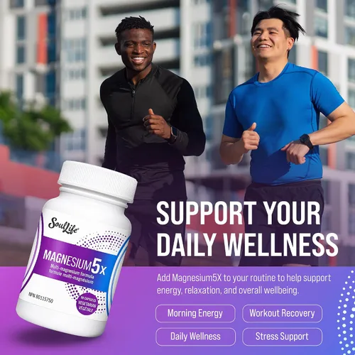 Vista 5 de SoulLife Magnesium5X - Complejo de magnesio 5 en 1 para hombres y mujeres - Apoya la función muscular, la relajación, la producción de energía