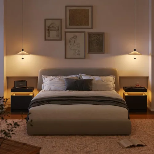Vista 6 de Mesita de noche LED negra moderna con 2 cajones para mesa auxiliar de dormitorio
