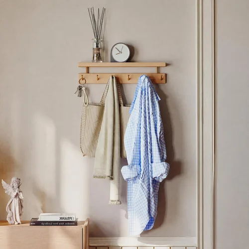 Vista 4 de Solid Wood Wall Hooks with Shelf, Coat Rack Wall Mount, Entryway Hanging Shelf with 6 Brass Hooks for Hats, Clothes, Towels, Bags, Beech Wood