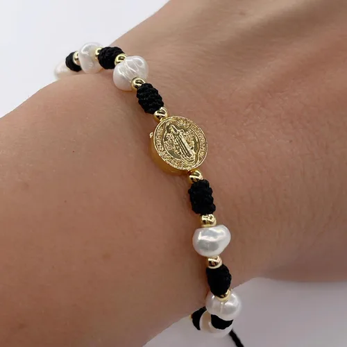 Vista 11 de Cultured Freshwater Pearl Bracelet With St Benedict Medal on Adjustable Red String for Women