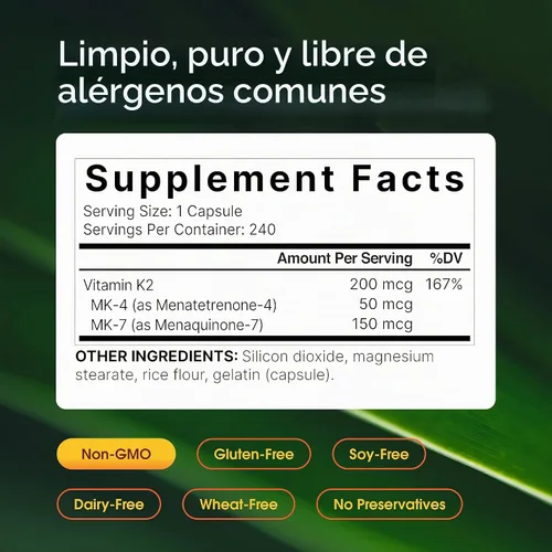 Vista 3 de NatureBell Suplemento de Vitamina K2 de Espectro Completo con MK-7 y MK-4, 200 mcg, 240 cápsulas Fórmula 2 en 1, complejo de vitaminas K – Apoya