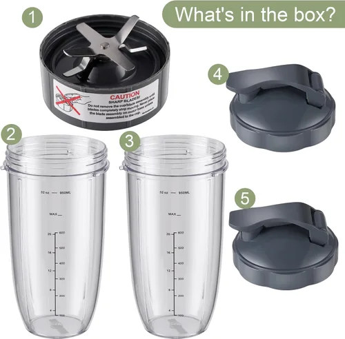 Vista 4 de Equust 5 vasos de 32 onzas con tapa abatible para llevar y cuchilla extractora compatibles con piezas de repuesto NutriBullet 600 w/900 w accesorio