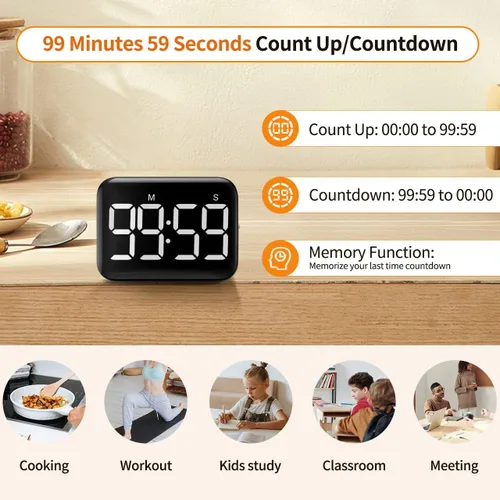 Vista 3 de VOCOO - Temporizador magnético de cocina para cocinar con cuenta regresiva ascendente y descendente, temporizador digital con batería y pantalla