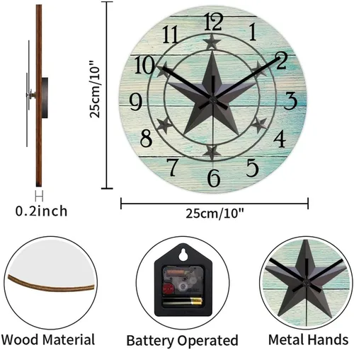 Vista 2 de Reloj de pared antiguo con estrella del oeste de Texas vintage, reloj de madera sin tictac, silencioso funciona con pilas, fácil de leer, reloj