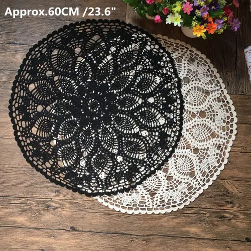Vista 4 de MINDPLUS Tela de mesa de ganchillo de encaje de los tejidos del ganchillo de la mano del algodón Doily 24 pulgadas redondo negro