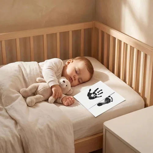 Vista 3 de Little Lullaby - Tarjetas de hitos sin tinta para manos y huellas, kit de almohadilla de tinta para recuerdos para bebé recién nacido (paquete de 6)
