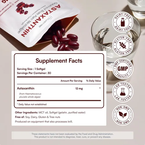 Vista 9 de Astaxantina Suplemento antioxidante de 12 mg – Fuente natural de microalgas – Softgel a base de lípidos para una mayor absorción – Apoyo cognitivo