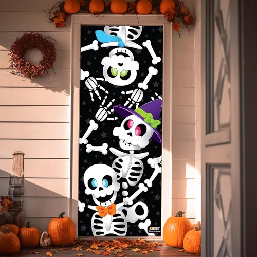 Vista 7 de JOYIN Cubierta de puerta de 30 x 72 pulgadas, decoración de Halloween de esqueleto, decoración del hogar, calcomanías de casa encantada, suministros