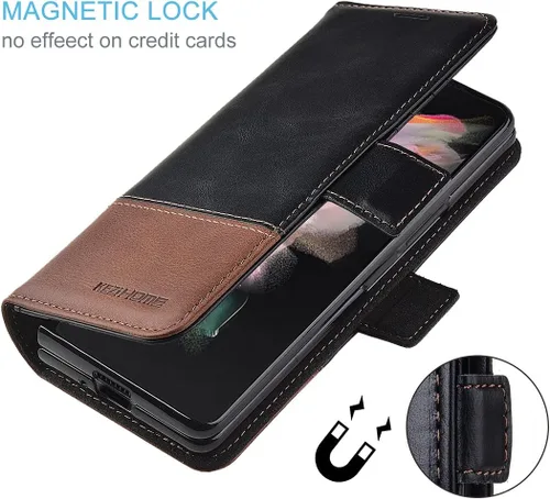 Vista 6 de KEZiHOME Funda de piel auténtica para Galaxy Z Fold 3 (bloqueo RFID) con ranura para tarjetas, funda para teléfono compatible con Galaxy Z Fold 3