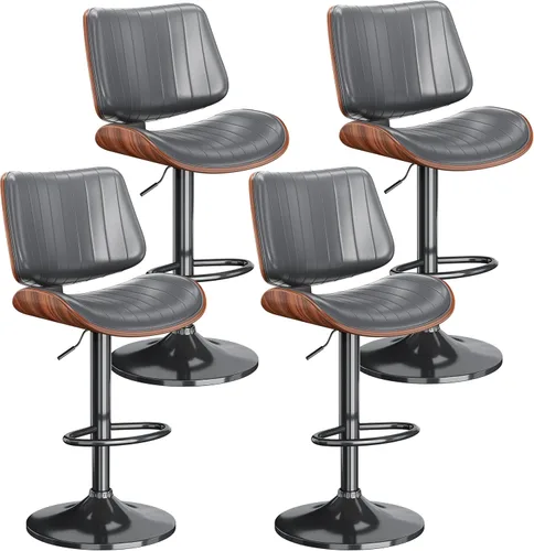 Vista 17 de Juego de 1 taburetes de bar giratorios de madera curvada ajustables para encimera de cocina, moderna silla de bar tapizada de piel sintética