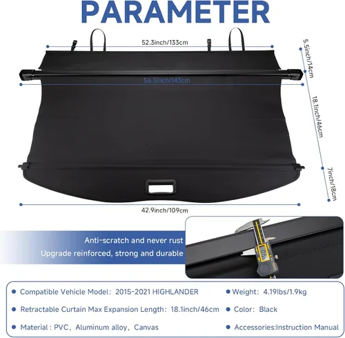 Vista 6 de FARBIN Cubierta de carga para maletero para Toyota Highlander 2015 2016 2017 2018 2019 2020 2021, cubierta retráctil para maletero impermeable