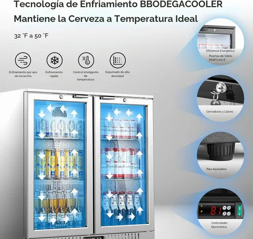 Vista 4 de BODEGA BODEGACOOLER - Enfriadora de barra trasera con 2 puertas de vidrio, refrigerador comercial de acero inoxidable de 7.4 pies cúbicos