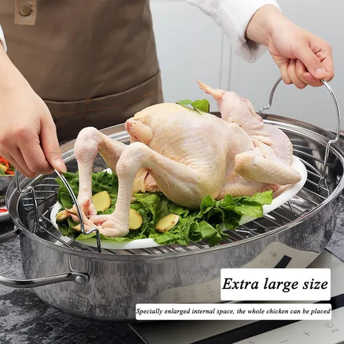 Vista 2 de Sartén ovalada de acero inoxidable para asar pavos de 3 tamaños, con estante de vapor y tapa, bandeja portátil para hornear para horno, cocinar a